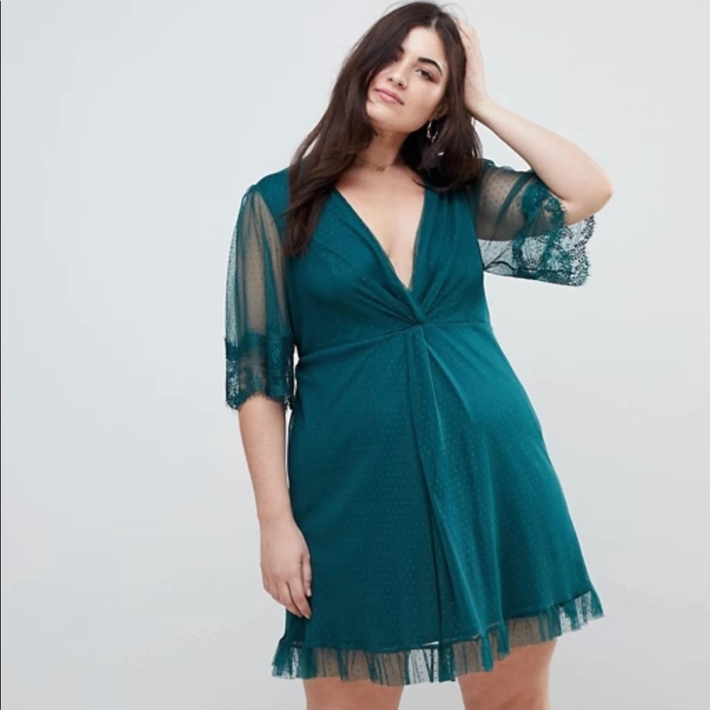 ASOS CURVE Dobby Knot Lace Trim Mini Skater Dress